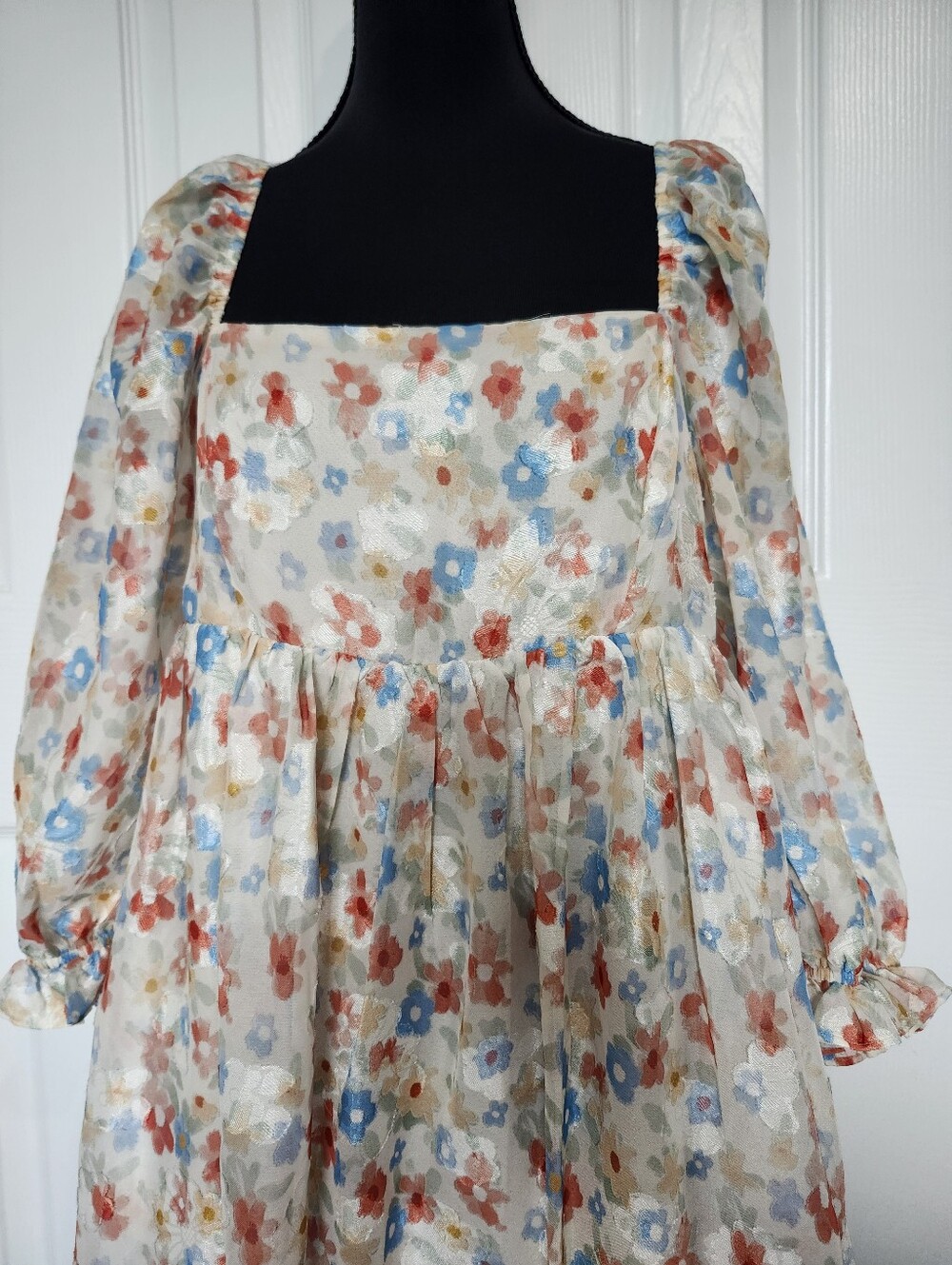 STORIA size Large Empire Waist Floral Print Mini Dress 3/4 Sheer Puff Sleeves